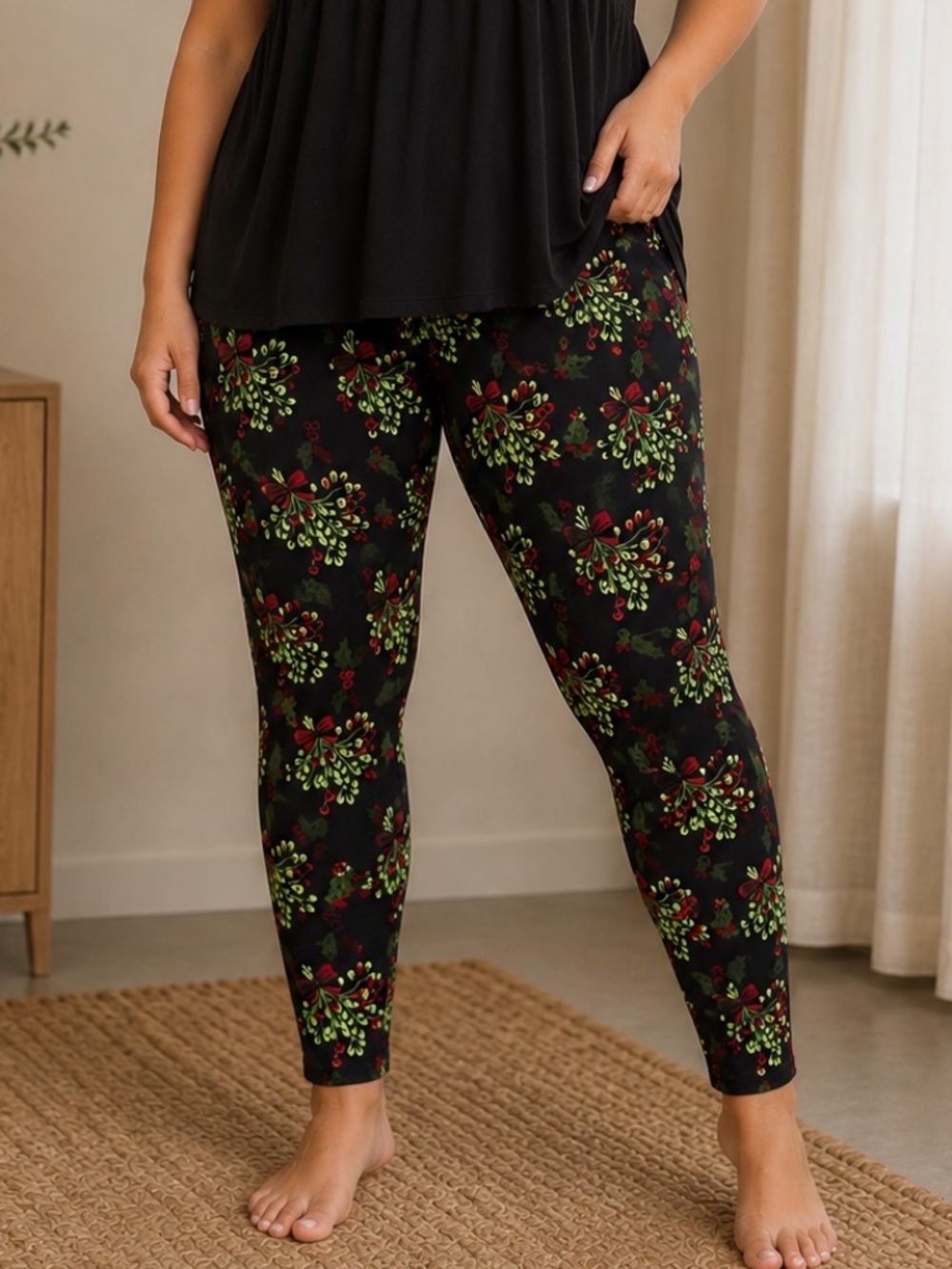 Sweet Legs Plus Leggings Womens One Size Green Super Soft Christmas All Over Pri